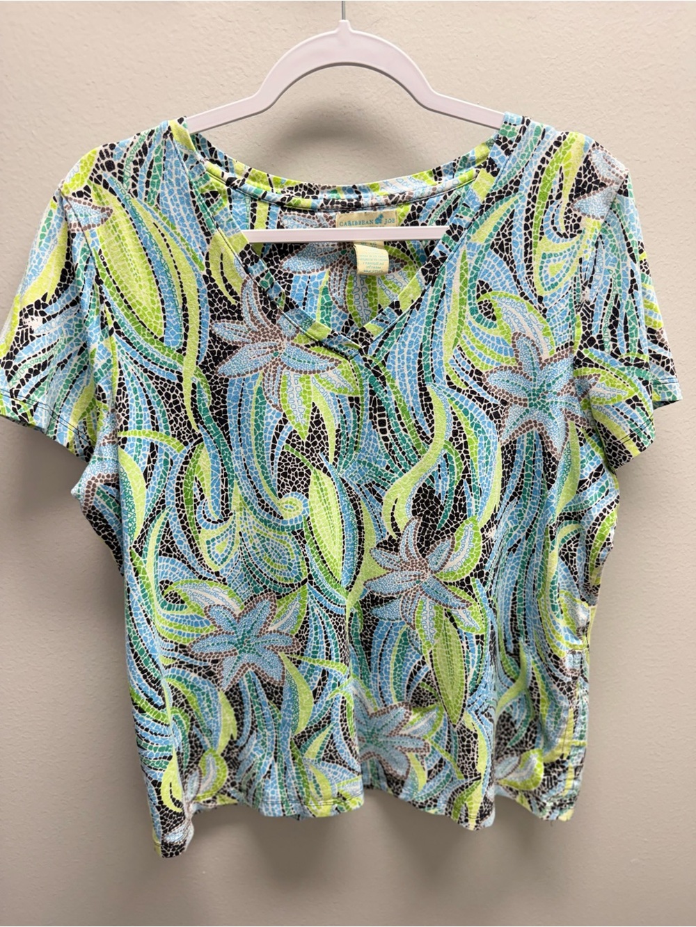 Caribbean Joe Short Sleeve V-Neck Top - Blue Green Yellow Swirl